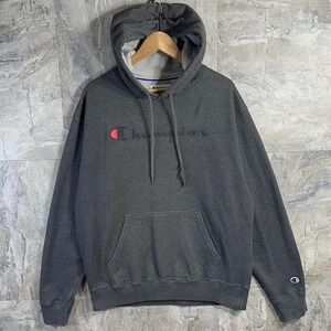 Vintage Champion Brand Hooded Sweatshirt Size L Mens Gray Logo Spelled OUT